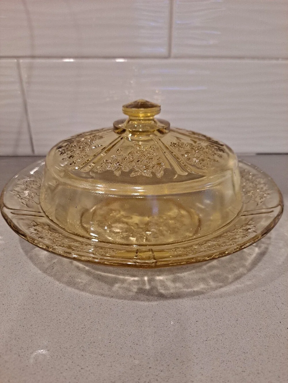 Federal Round Glass Sharon Amber/Cabbage Rose Butter Dish Depression Retro Dome